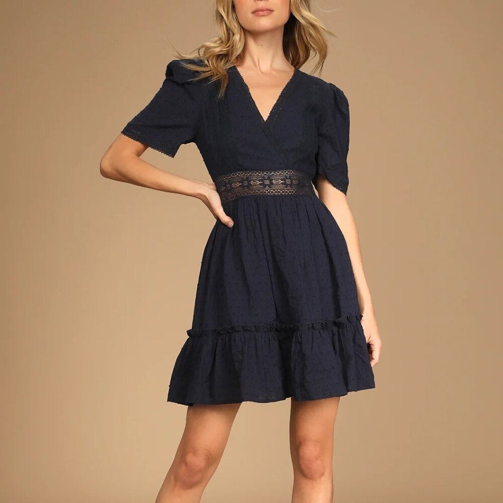 Lulus Poised and Perfect Navy Blue Lace Short Sleeve Mini Dress Sz Large